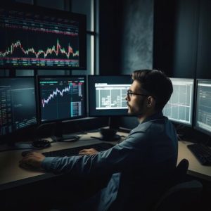 Investidor profissional sentado na mesa e olhando para grandes telas de gráficos de negociação _ imagem Premium gerada com IA